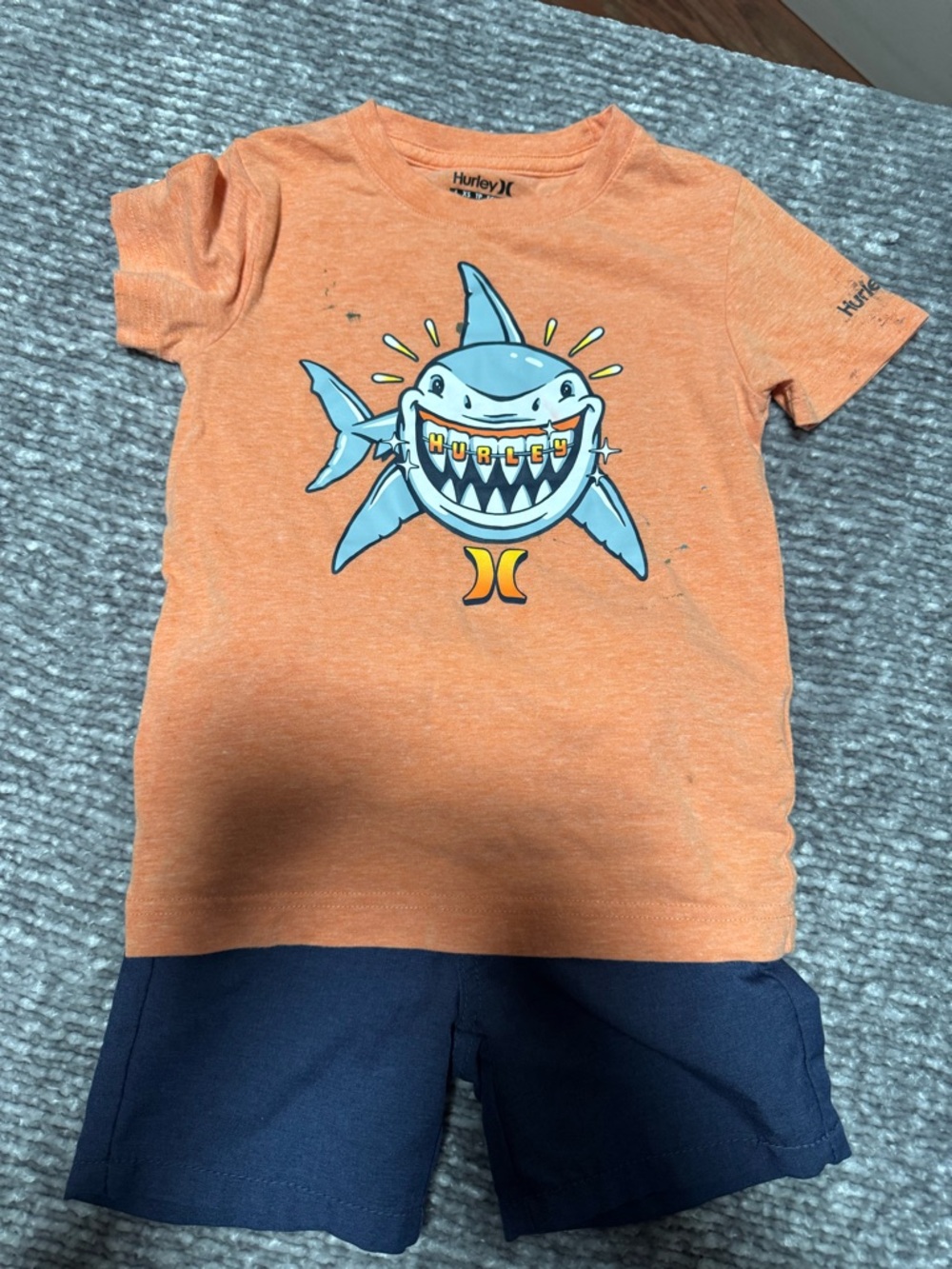 Hurley Orange Shark Graphic Tee and Cat and Jack Navy Shorts